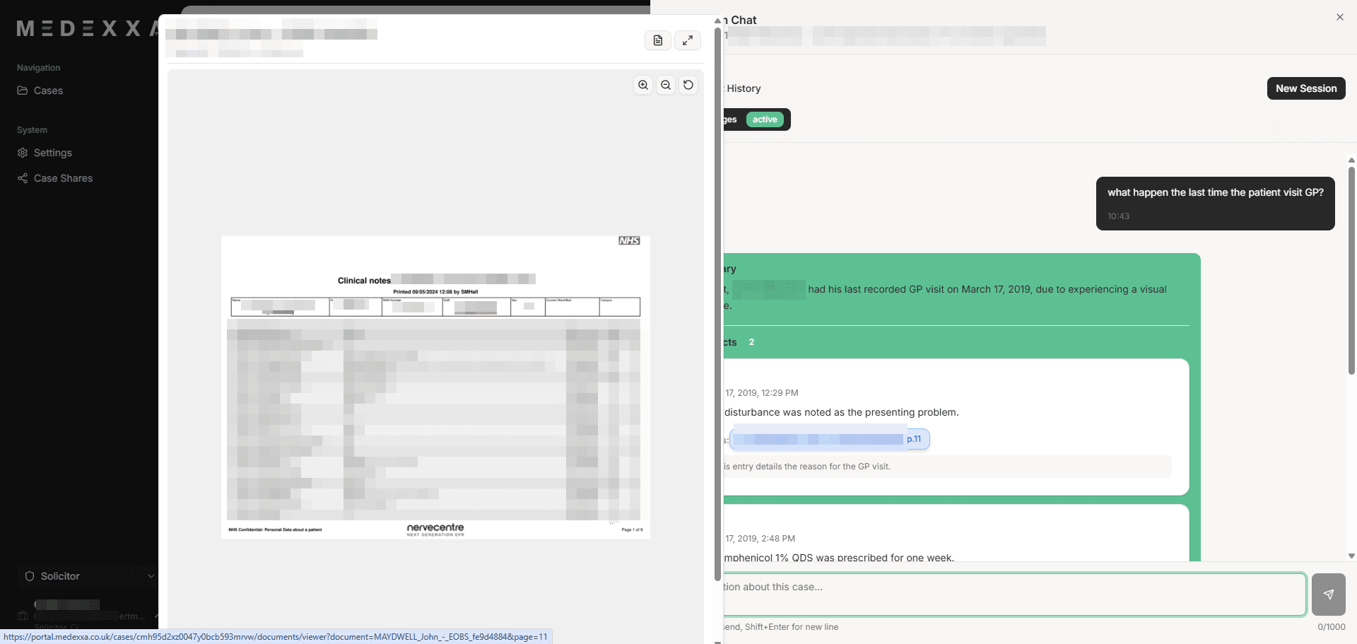 Medexxa AI chat and document review interface
